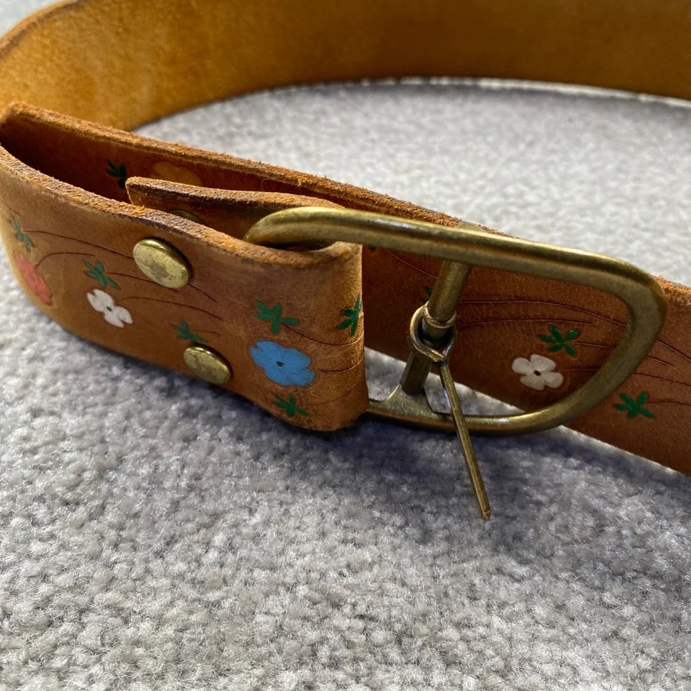 Floral Hand Painted Leather Belt Womens 30 Tan Boho Western Vintage